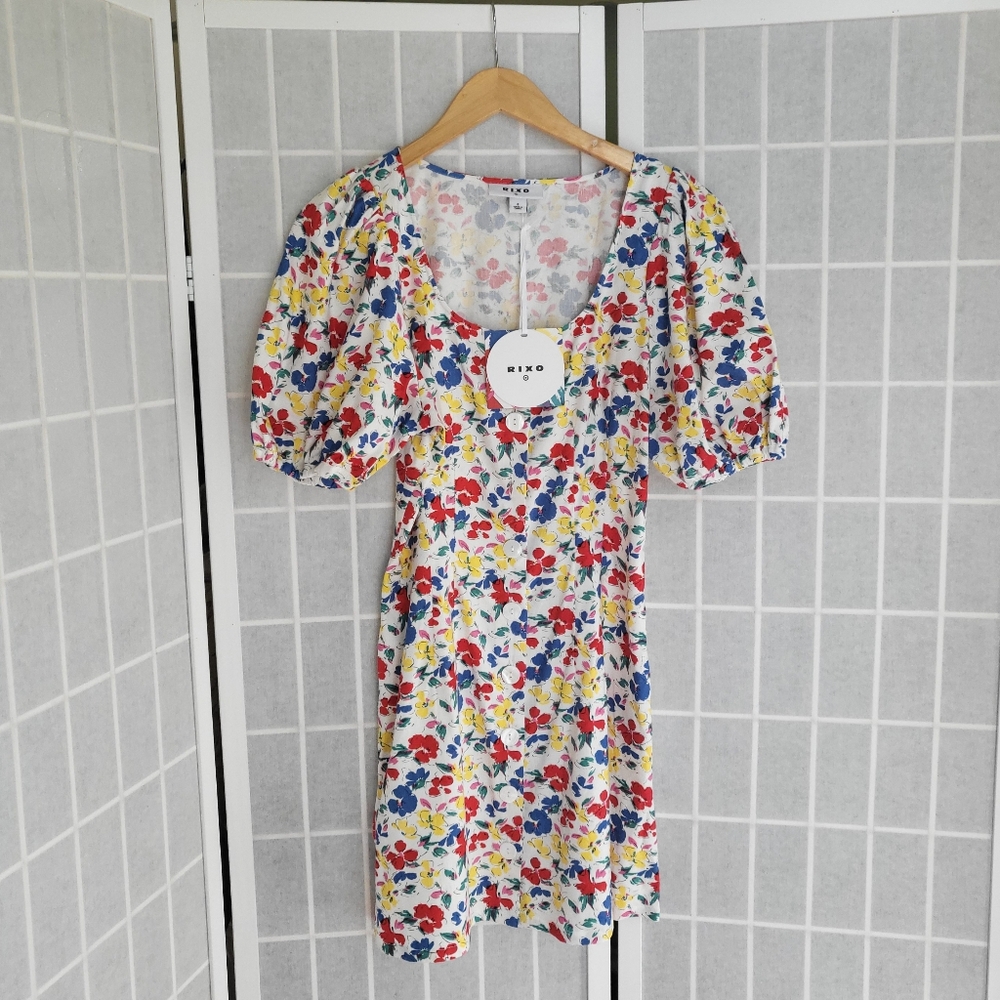 RIXO for Target Linen Floral Puff Short Sleeve Button-Up Dress NWT Sz 6